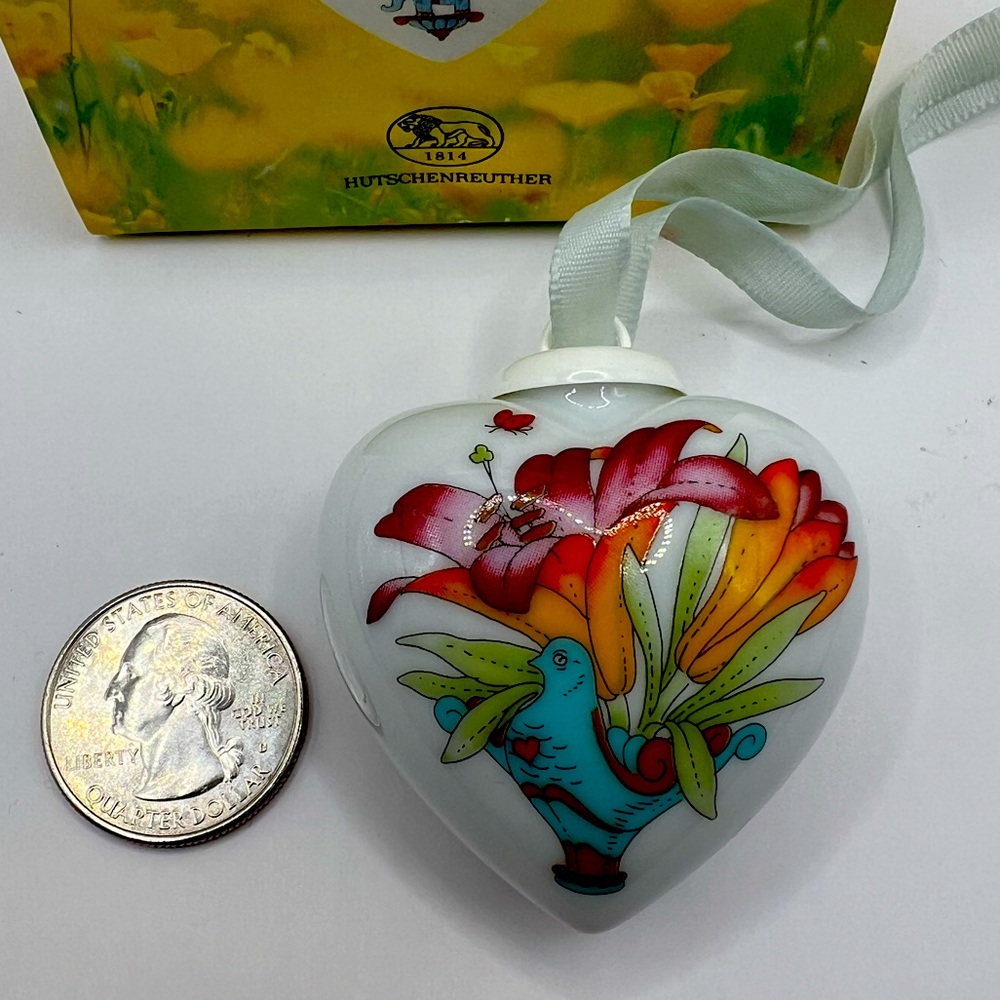 Birds and Flowers on Porcelain Heart Ornament